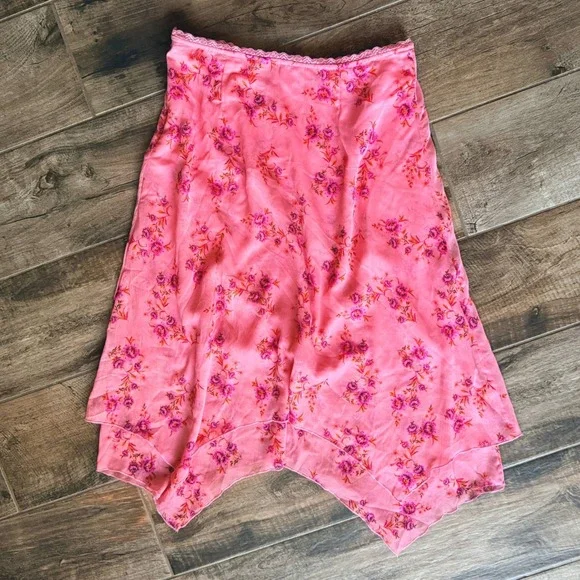 Free People Cottagecore Garden Party Floral Handkerchief Hem Midi Skirt ,Pink ,L - Picture 5 of 9